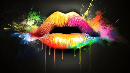 Chromatic lips erupting in liquid neon splatter.