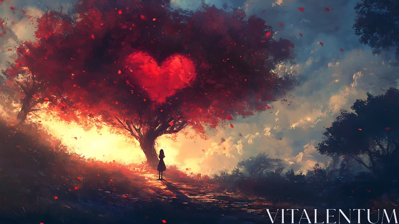 Solitary figure beneath tree with heart-shaped luminous canopy.