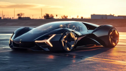 Sunset-slick hypercar prowling a neon-kissed runway dream.
