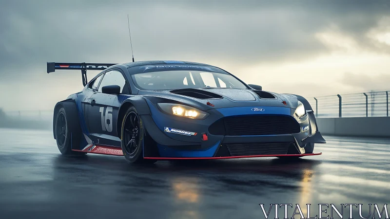 Photorealistic GT race car on wet pit lane at dawn light.