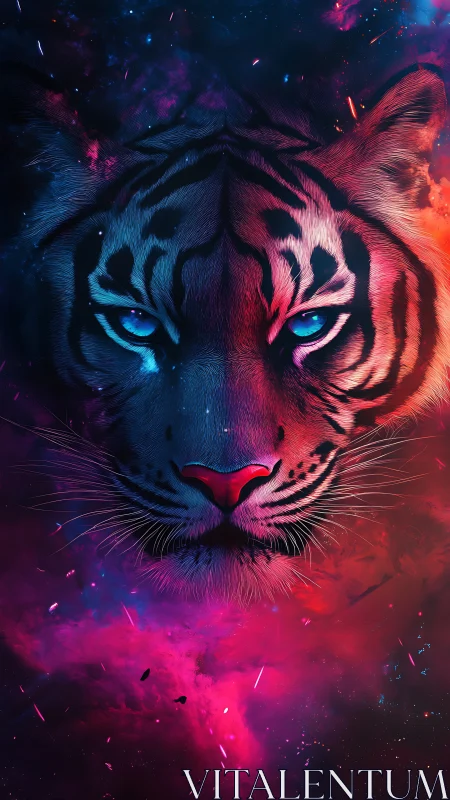 Cosmic tiger portrait in neon magenta and cyan glow.
