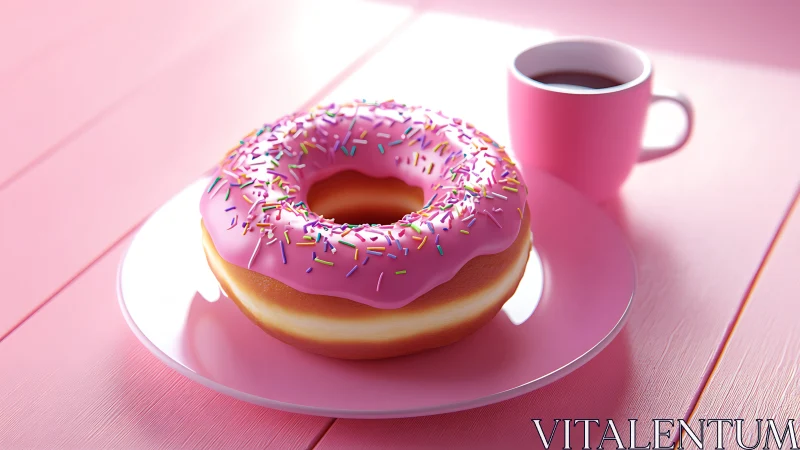 Pink Frosted Donut with Coffee on Pretty Morning.