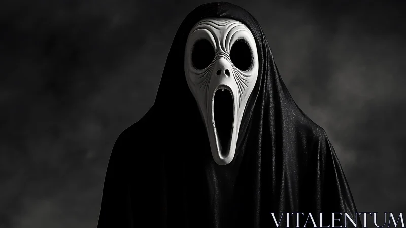 Ghostly scream mask under hooded cloak, dramatic shadows.