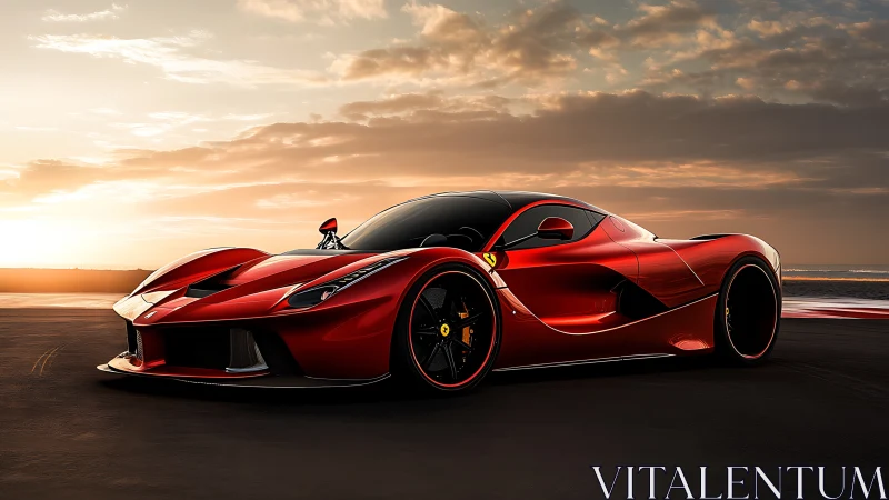 Red supercar parked on race track at dramatic sunset.
