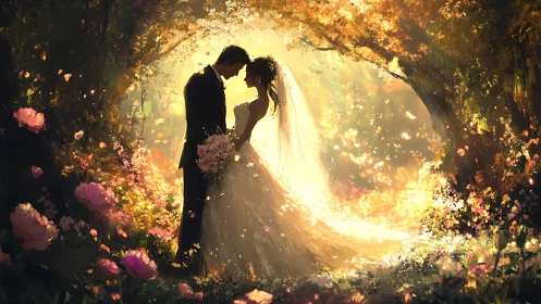 Sunlit vows bloom quietly in a golden forest cathedral