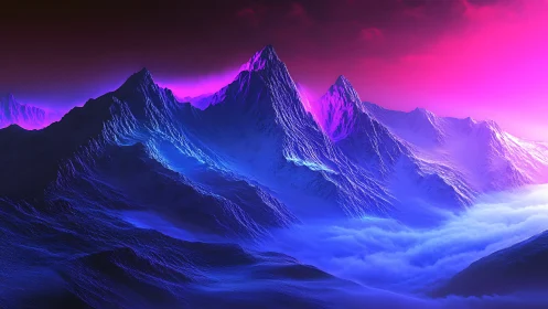 Neon-illuminated alpine ridge under volumetric fog gradients