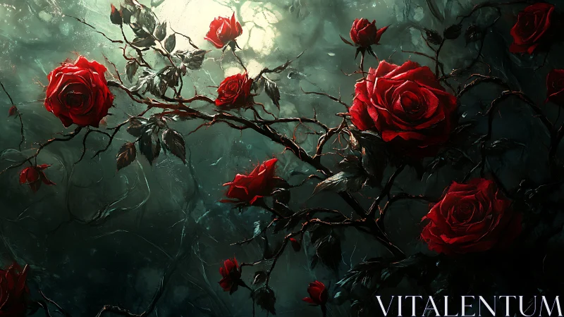 Deep Red Roses in Shadowy Garden. A Moody Floral Masterpiece.