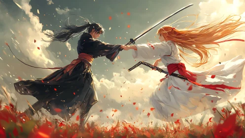 Samurai duel amid drifting petals under stormlit skies.