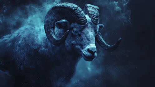 Celestial ram emerges through deep cyan nebula haze.