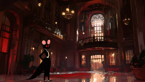 Anthropomorphic rodent host in opulent red-lit atrium.