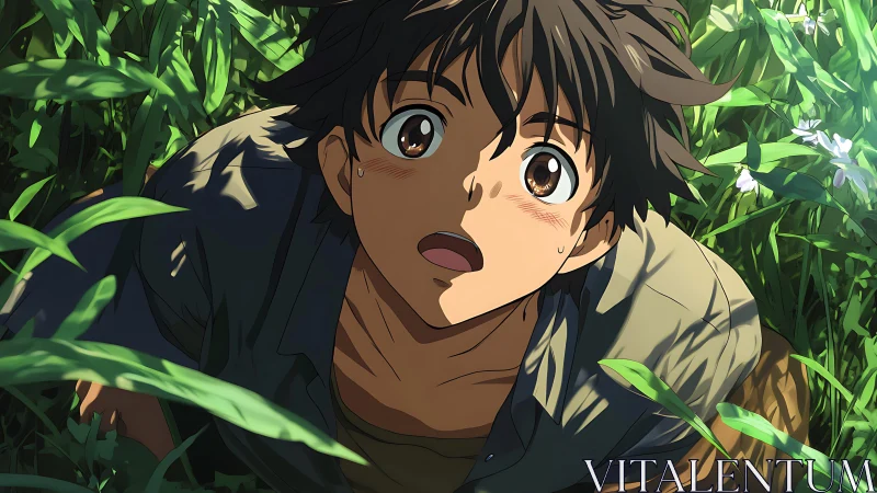 Anime close-up in lush foliage with dynamic upward framing.