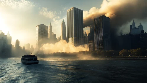 Smoke-filled city skyline looms over crowded river ferry.