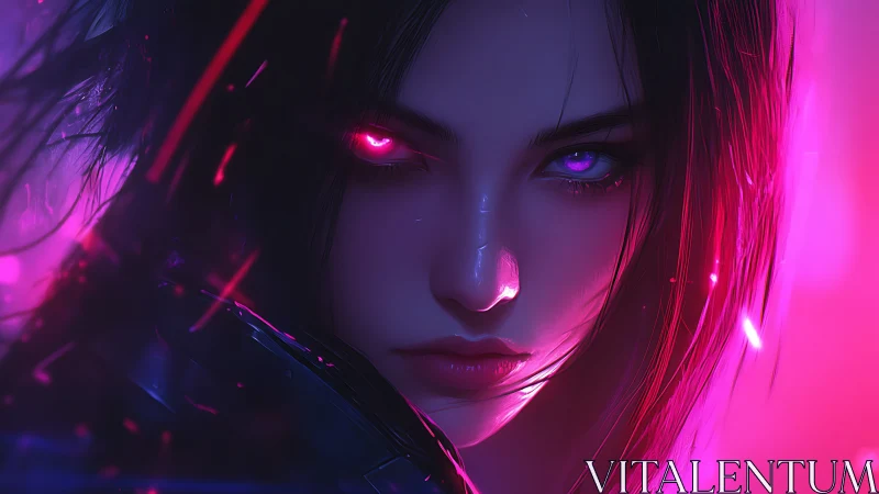 Cyberpunk woman stares forward under intense neon lighting.