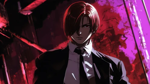 Red-haired anime antihero stands in neon-lit ruin at night.