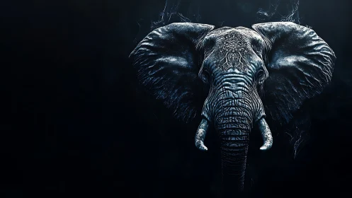 Blue digital elephant portrait on dark background.