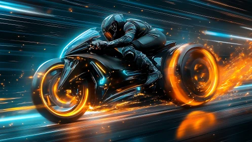 Futuristic motorcycle racer with blazing neon wheels.