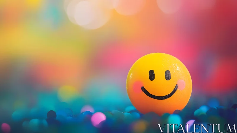 Smiley sphere basking in rainbow confetti daydreams.