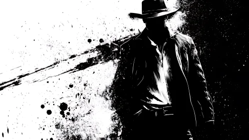 Silhouetted figure in hat stands against splattered backdrop