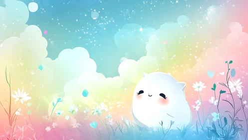 Chubby pastel cat glows under sparkling rainbow sky