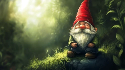 Smiling forest gnome rests on mossy rock under soft light