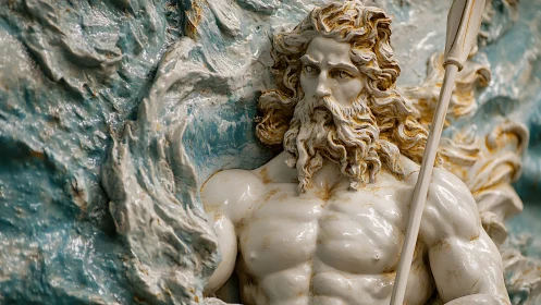 Majestic sea god sculpture rising from swirling waters.