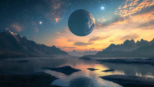 Distant planet above coastal mountains at twilight sky.