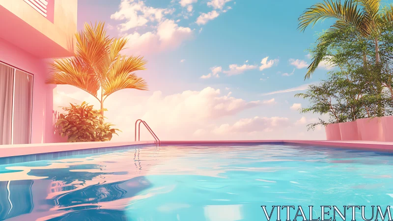 Rectangular pool beside pink building under pastel sky.