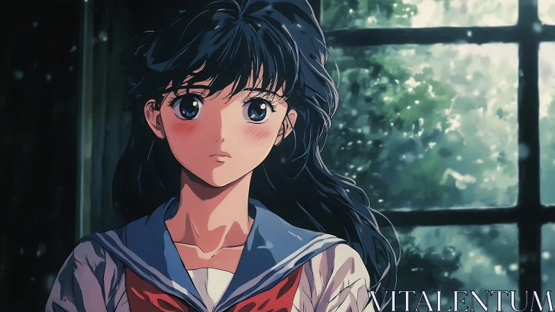 Melancholic anime schoolgirl before rain‑streaked window light