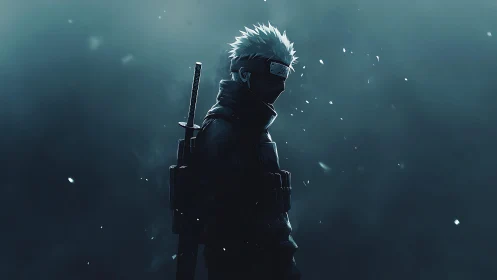 Stormlit masked swordsman waits in swirling midnight haze.