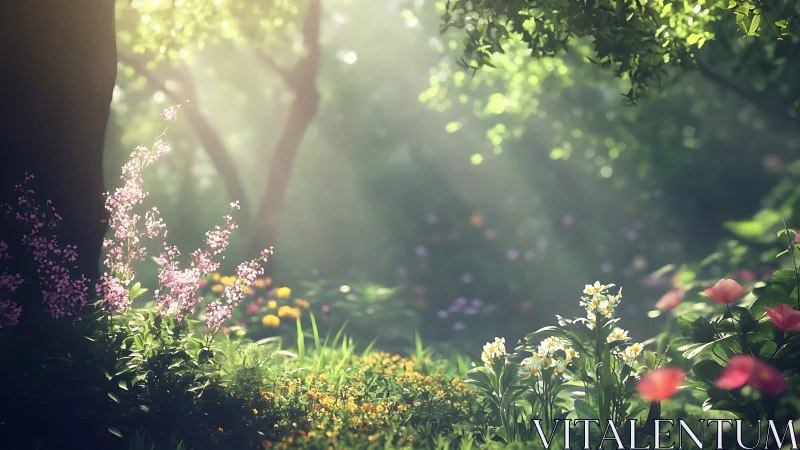 Sunlit whisper garden where wild blossoms trade secrets.