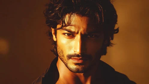 Cinematic low key male portrait in warm directional light.