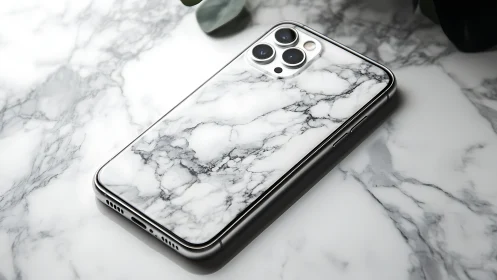 Sleek marble phone rests calmly on a matching smooth surface
