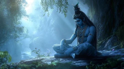 Blue-skinned figure in meditative pose within forest glade.