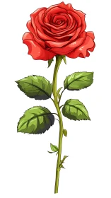 Red Rose with Green Stem and Leaves Vector Illustration
