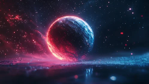 Glowing red and blue planet in a luminous cosmic field.