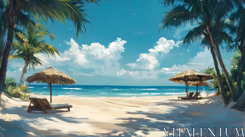 Tropical beach with thatched umbrellas, palm trees, and turquoise ocean
