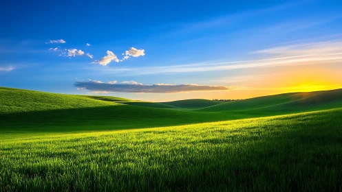 Sunlit green hills roll beneath a vibrant blue evening sky