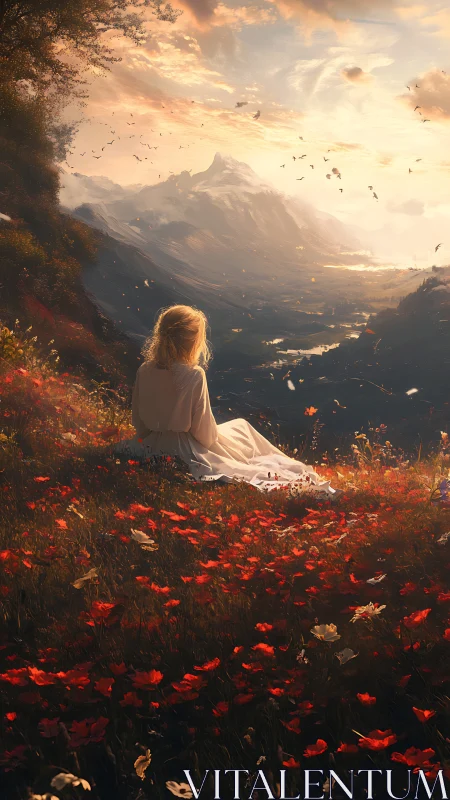 Solitary figure observing sunlit alpine valley in painterly light