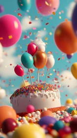 Celebratory Birthday Cake with Floating Balloons and Confetti.