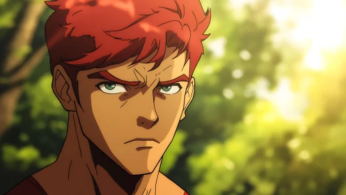 Anime portrait with warm backlighting and forest bokeh framing.