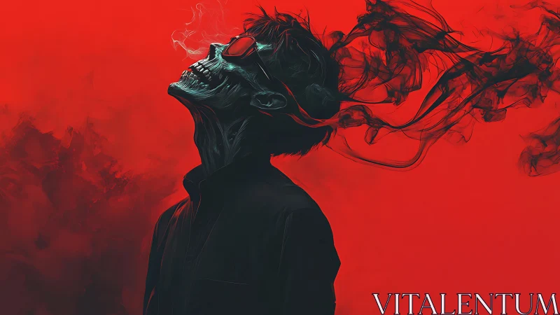 Skull-faced figure exhaling spectral smoke on red field.