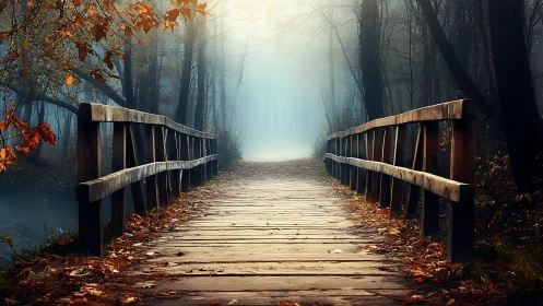 Misty forest bridge inviting a quiet walk into soft light.