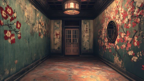 Blossom-covered hallway quietly cradles a lantern&rsquo;s warm glow