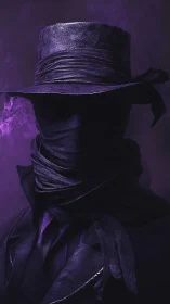 Hooded figure in layered purple wraps rendered with high contrast lighting