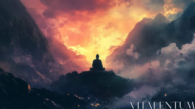 Solitary monk meditates beneath blazing celestial sky