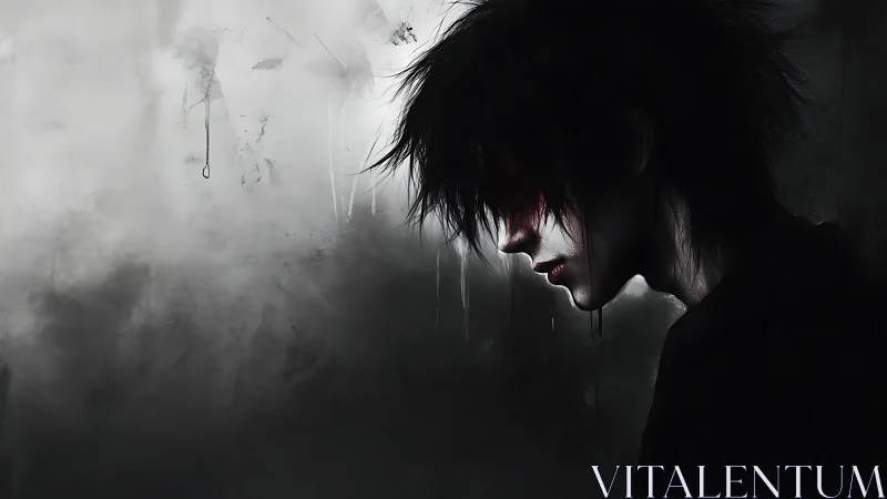 Brooding dark-haired figure in moody grayscale portrait.