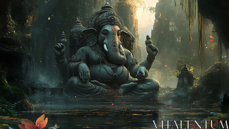 Colossal Ganesha stone statue in misty jungle river shrine