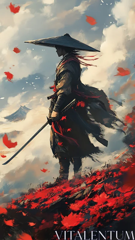 Lone ronin stands over crimson leaves in a mountain wind.