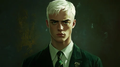 Digital portrait shows stern young man in dark formal attire