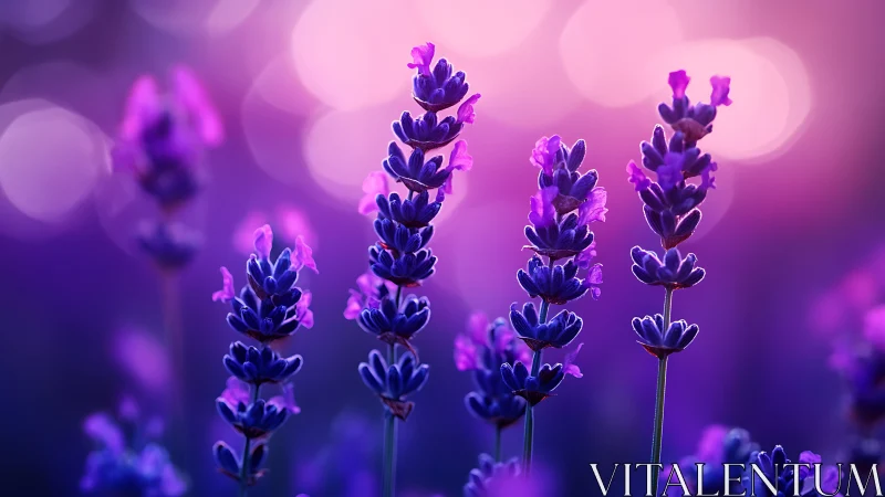 Lavender Flowers in Soft Purple Glow. Dreamy Bokeh Light.